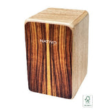 A NATIVO wooden cajon drum with a distinctive dark brown and golden wood grain pattern on the front face, set against a plain white background with a small certification logo below it.