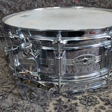 Used Rogers Script Badge Dynasonic Brass 14"x5.5" Snare Drum 1970s