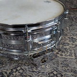 Used Rogers Script Badge Dynasonic Brass 14"x5.5" Snare Drum 1970s