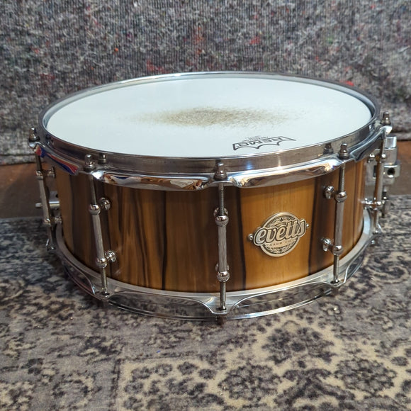 Used Evetts 14 x 5.5 Snare Drum, Tasmanian Blackwood/ Blackheart Sassafras by Evetts