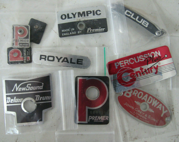 Drum Badges - UK brands- Premier, Carlton Dallas, New Sound, Ajax B&H, Olympic